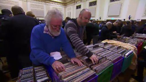 The collectables fair at Box Hill Town Hall has vinyl fans queuing up to get their hands on rare releases. (9NEWS)