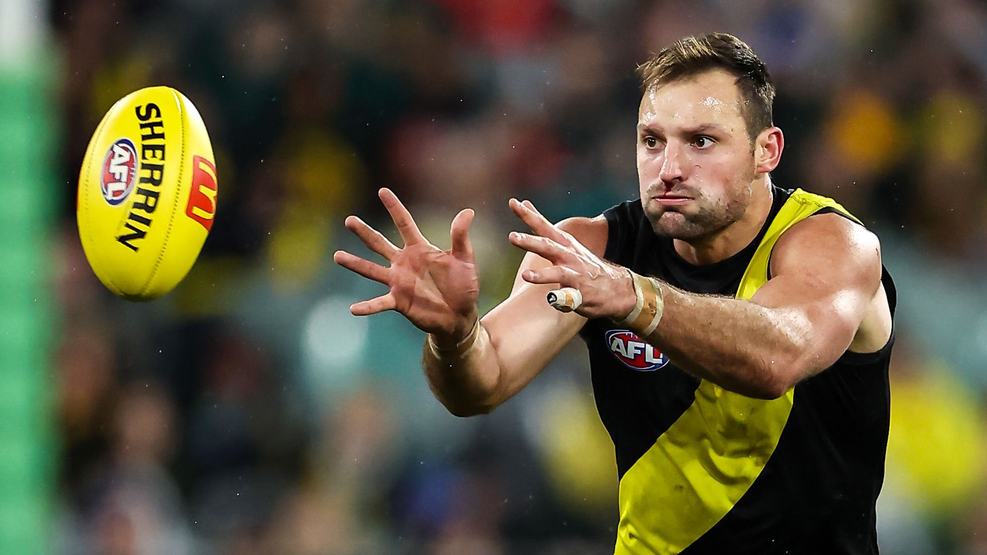 MELBOURNE, AUSTRALIA - JULY 06: Toby Nankervis of the Tigers in action during the 2023 AFL Round 17 match between the Richmond Tigers and the Sydney Swans at the Melbourne Cricket Ground on July 6, 2023 in Melbourne, Australia. (Photo by Dylan Burns/AFL Photos via Getty Images)