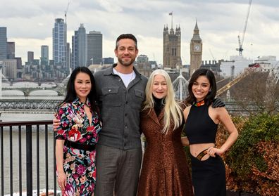 LONDON, ENGLAND - MARCH 06: (L-R) Lucy Liu, Zachary Levi, Helen Mirren and Rachel Zegler attend a photocall at IET London on March 06, 2023 in London, England for "Shazam! Fury Of The Gods" (Photo by Kate Green/Getty Images for Warner Bros.)