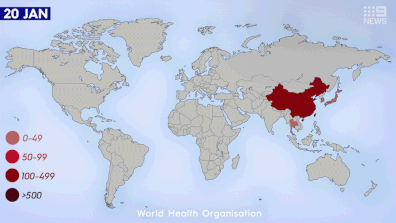 How confirmed cases of coronavirus have spread around the world since January.