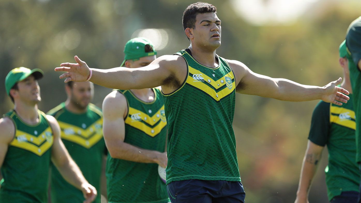  David Fifita stretches during the Australian Rugby League Nines team training