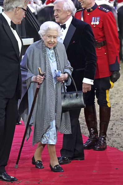 Britain's Queen Elizabeth II arrives for the A Gallop Through History Platinum Jubilee celebration, at the Royal Windsor Horse Show at Windsor Castle, England, Sunday May 15, 2022.