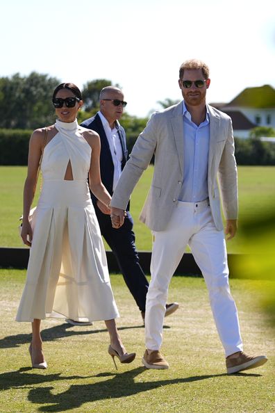 Prince Harry and Meghan Markle, Duchess of Sussex, at the 2024 Royal Salute Polo Challenge to Benefit Sentebale, Friday, April 12, 2024, in Wellington, Florida