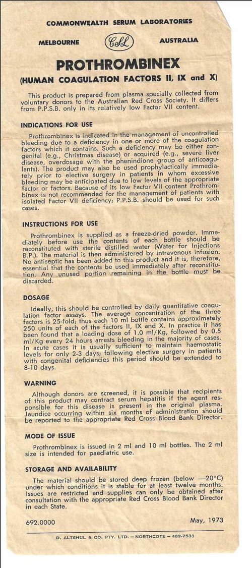 A CSL drug information leaflet for Prothrombinex, dated May 1973, warns of the risk of hepatitis infection. 
