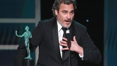 Joaquin Phoenix accepts the Male Actor in a Leading Role award for "Joker" onstage during the 26th Annual Screen Actors Guild Awards at The Shrine Auditorium on January 19, 2020 in Los Angeles, California.