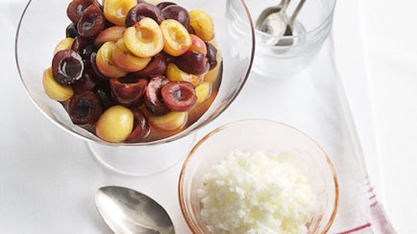 Cherry salad with almond-milk granita