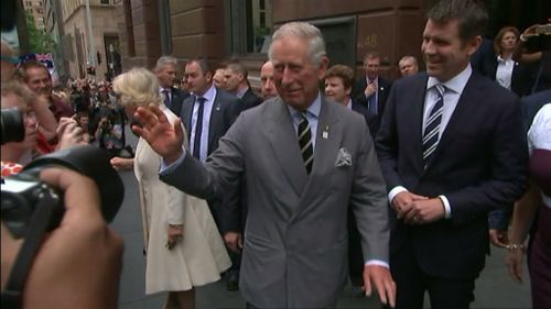 Prince Charles and Camilla arrive in Martin Place. (9NEWS)