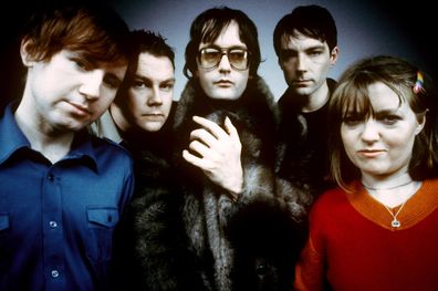 Pulp, group portrait, London , United Kingdom, 1998. L-R: Mark Webber, Nick Banks, Jarvis Cocker, Steve Mackey, Candida Doyle.