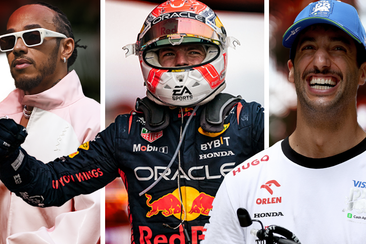 Formula 1 graphic featuring Lewis Hamilton, Max Verstappen and Daniel Ricciardo.