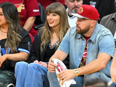 CLEVELAND, OHIO - MAY 23: (L-R) Singer Taylor Swift and Travis Kelce of the Kansas City Chiefs attend Game Three between the New York Knicks and the Cleveland Cavaliers in the NBA Eastern Conference Finals at Rocket Arena on May 23, 2026 in Cleveland, Ohio. NOTE TO USER: User expressly acknowledges and agrees that, by downloading and or using this photograph, User is consenting to the terms and conditions of the Getty Images License Agreement. (Photo by Jason Miller/Getty Images)