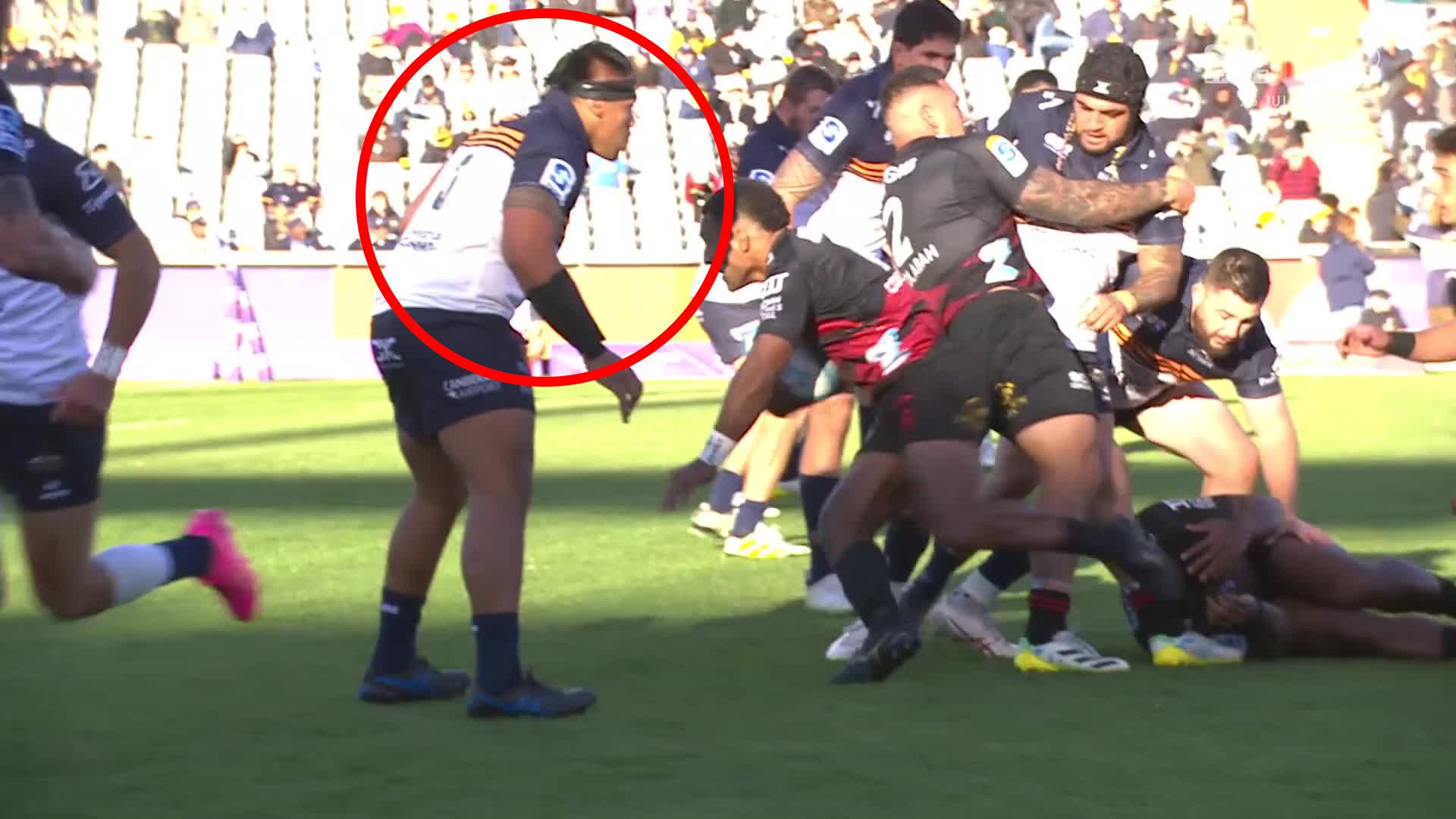 Brumbies captain Allan Alaalatoa was caught looking at the defensive line instead of the Crusaders player Sevu Reece who had the ball.