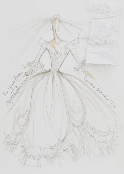 A signed contemporary hand-drawn fashion sketch of Princess Diana's spare wedding gown, designed initially by Elizabeth Emanuel in 1981. 