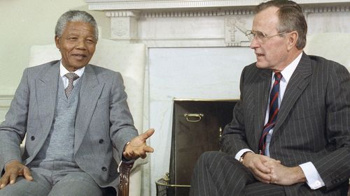 African National Congress President Nelson Mandela in 1991 meeting with President George Bush, who has died aged 94.