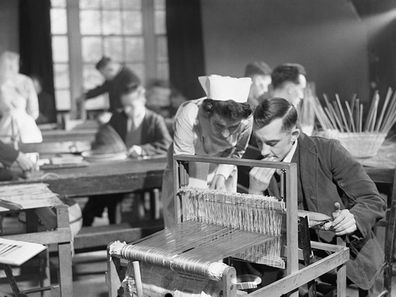 Soldier learning to weave after the war