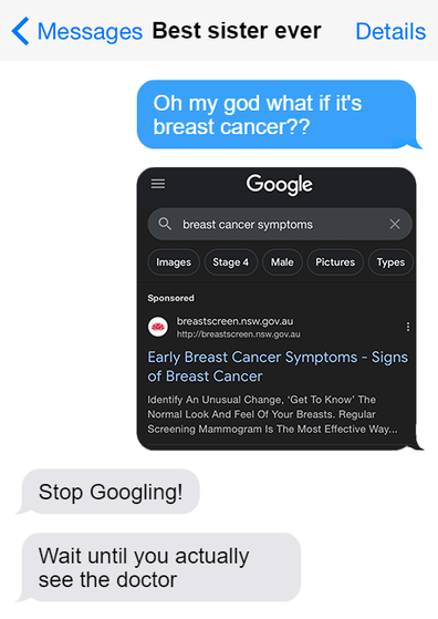 A mock-up of the text Sam Burge sent her sister before her diagnosis.