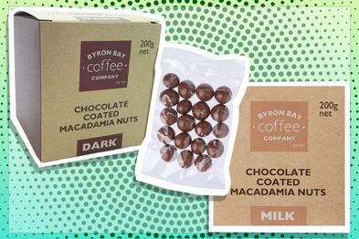9PR: Byron Bay Coffee Company Milk Chocolate and Dark Chocolate Coated Macadamia Nuts, 200g