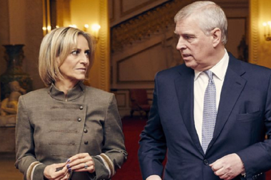 Emily Maitlis from BBC Newsnight walking with Prince Andrew ahead of their sit-down intervi