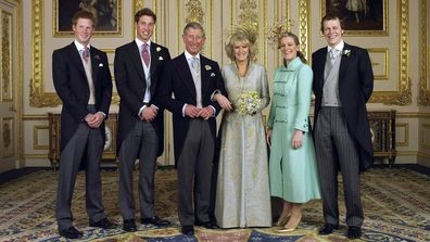  TRH Prince Charles and The Duchess Of Cornwall, Camilla Parker Bowles pose with their children (L-R) Prince Harry, Prince William, Laura and Tom Parker Bowles, in the white drawing room for the Official Wedding group photo following their earlier marriage at The Guildhall, at Windsor Castle on April 9, 2005 in Berkshire, England