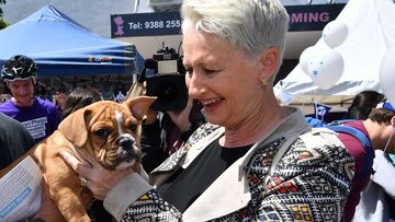 Kerryn Phelps pats a dog while campaigning in Wentworth.