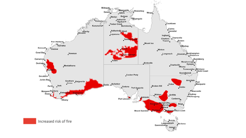 A map showing areas of heightened bushfire risk in Australia for the 2024-25 summer season.