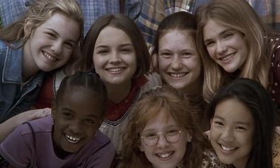 Rachael Leigh Cook, Schuyler Fisk, Bre Blair, Zelda Harris, Tricia Joe, Larisa Oleynik, and Stacy Linn Ramsower in The Baby-Sitters Club (1995).