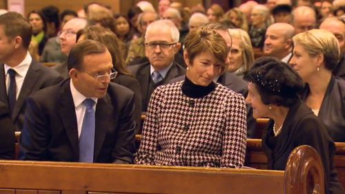 Prime Minister Tony Abbott with his wife Margaret and NSW Governor General Marie Bashir at the MH17 memorial service in Sydney, July 20 2014. (9NEWS)