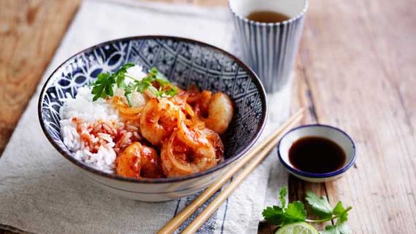 Poh's sweet, sour and spicy stir-fried prawns with rice