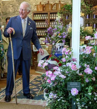 King Charles at the Highgrove stand at the Chelsea Flower Show, inspecting the new King's Rose, on Monday May 19, 2025.