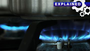 A gas flame burns under a pot on a gas stove top.