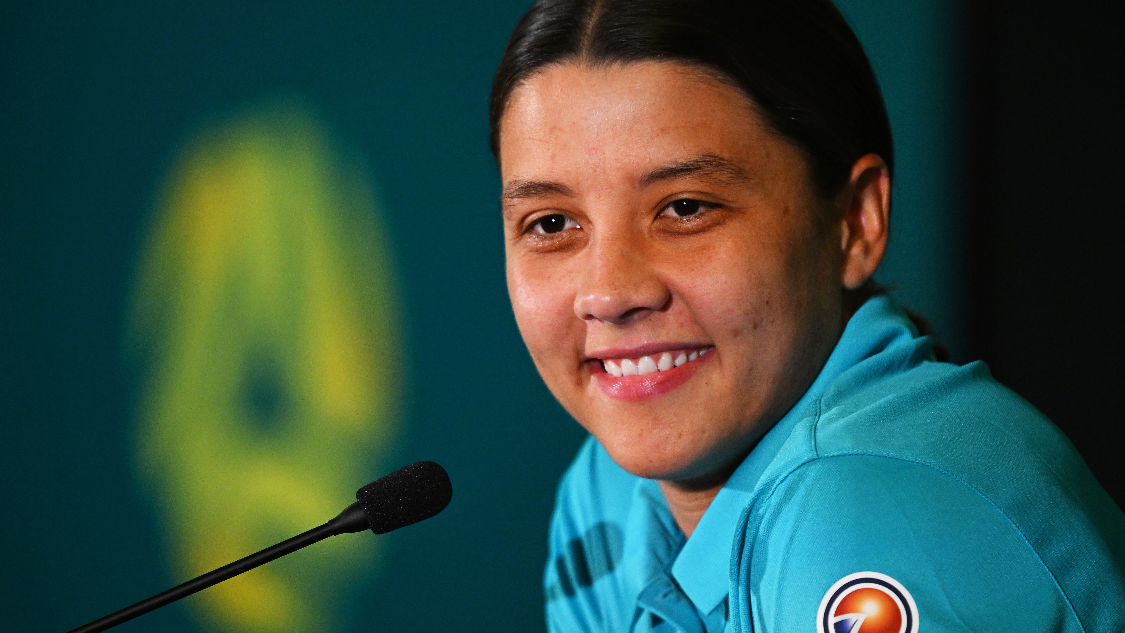 Sam Kerr of Australia speaks to the media during an Australian Matildas media opportunity in the FIFA Women&#x27;s World Cup Australia &amp; New Zealand 2023 at Queensland Sport and Athletics Centre on July 29, 2023 in Brisbane, Australia. (Photo by Bradley Kanaris/Getty Images)