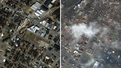 Prima e dopo le immagini satellitari che mostrano le località del Kentucky prima e dopo il brutale uragano che ha colpito gli Stati Uniti centrali, pubblicate dalla società di imaging satellitare Maxar.