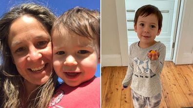 Heidi Krause and her three-year-old son. Split image.