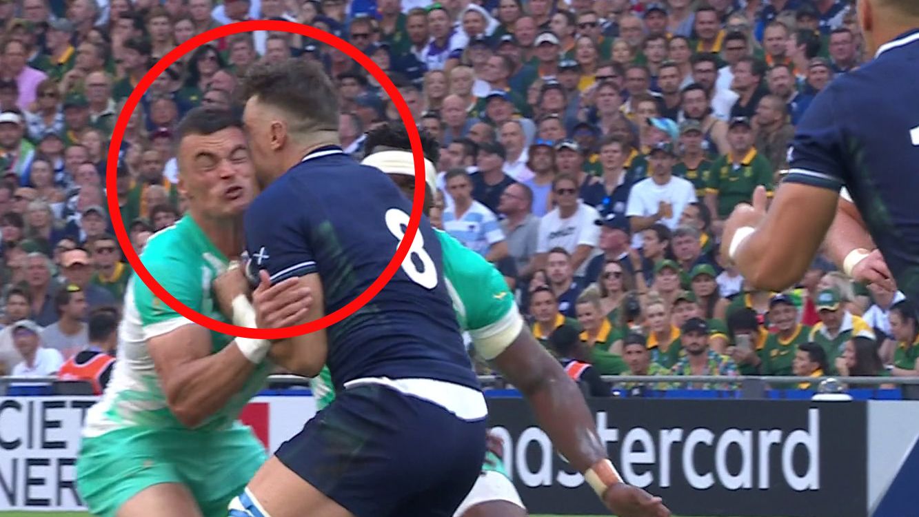 South Africa&#x27;s Jesse Kriel tackles Jack Dempsey of Scotland awkwardly in the opening minutes of their Rugby World Cup match.