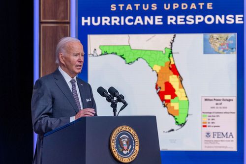 US President Joe Biden speaks on the initial impacts of Hurricane Milton in the South Court Auditorium at the White House. Photographer: Shawn Thew/EPA/Bloomberg