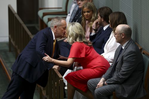 Minister for NDIS Bill Shorten kisses his wife Chole Shorten ahead of his valedictory during Question Time in the House of Representatives at Parliament House in Canberra on November 21, 2024. Fedpol. Photo: Dominic Lorrimer