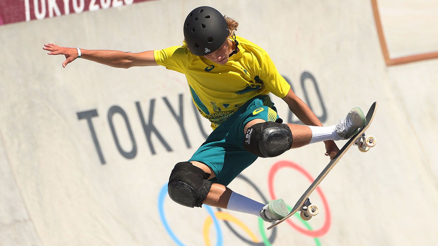 Keegan Palmer of Team Australia competes in the Men&#x27;s Skateboarding Park Finals on day thirteen of the Tokyo 2020 Olympic Games at Ariake Urban Sports Park on August 05, 2021 in Tokyo, Japan. (Photo by Ezra Shaw/Getty Images)