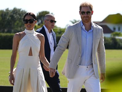 Prince Harry and Meghan Markle, Duchess of Sussex, at the 2024 Royal Salute Polo Challenge to Benefit Sentebale, Friday, April 12, 2024, in Wellington, Florida