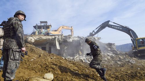 A demolished guard post on the South Korean side of the demilitarized zone near the border with North Korea. 