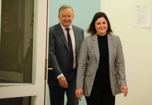 Opposition Leader Anthony Albanese and Kristy McBain who will run for preselection for the seat of Eden-Monaro, during a press conference at Parliament House in Canberra on Friday, 1 May 2020.