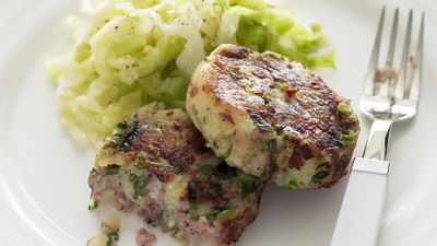 Recipe: <a href="http://kitchen.nine.com.au/2016/05/16/11/59/corned-beef-patties-with-braised-cabbage" target="_top">Corned beef patties with braised cabbage</a>