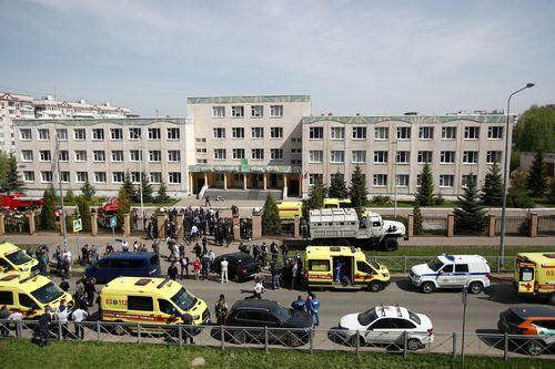 KAZAN, RUSSIA  MAY 11, 2021: Police cars and ambulances by school No 175 where two attackers opened fire; at least one teacher and eight students are reported dead. Yegor Aleyev/TASS (Photo by Yegor AleyevTASS via Getty Images)
