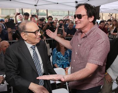 Composer Ennio Morricone and Quentin Tarantino attend The Hateful Eight's Ennio Morricone Star Ceremony On The Hollywood Walk Of Fame at Hollywood Walk Of Fame on February 26, 2016 in Hollywood, California.