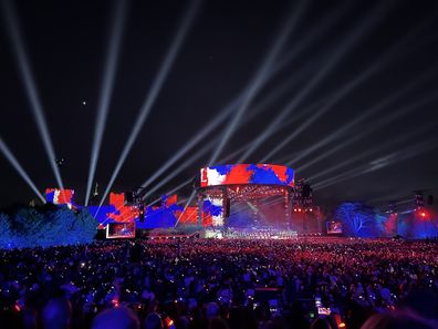 The UK themed stage design as Take That wrap up the concert with a performance of Never Forget