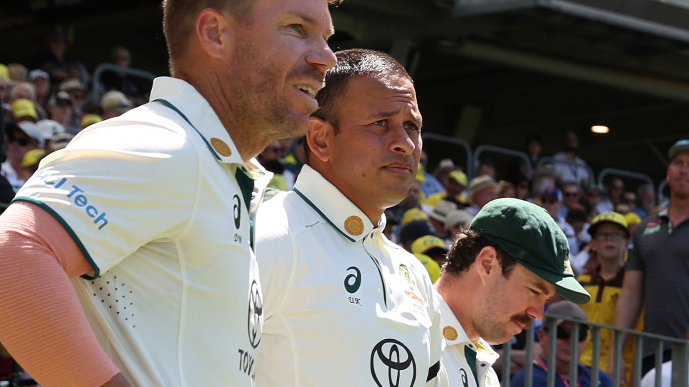 David Warner (left), Usman Khawaja (centre) and Travis Head pictured on day one of the Perth Test.