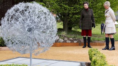 Princess Anne views the  commemorative wire dandelions at Cheltenham General Hospital