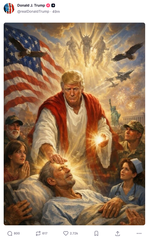 This meme appears to depict Donald Trump as a Christ-like figure healing a sick man as serving military personnel surround him.