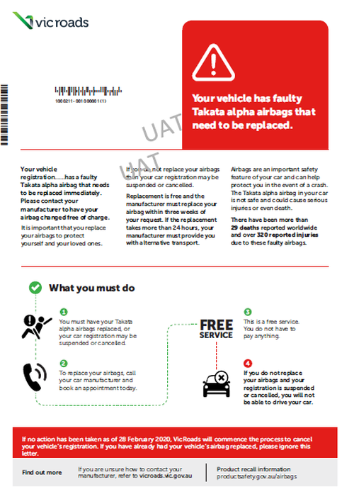 Drivers with affected cars have been sent letters warning them to replace the faulty airbags.