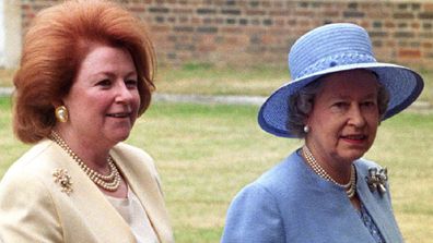 The Queen and Lady Elizabeth Anson at a wedding reception in Hampton Court Palace for the exiled Crown Prince Pavlos of Greece and Marie-Chantal Miller.