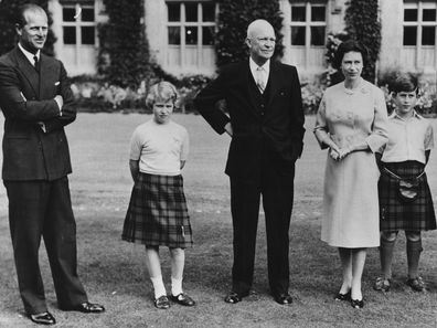 President Eisenhower (centre) with the British Royal family (L-R) Prince Philip, Princess Anne, HM Queen Elizabeth, Prince Charles and Captain John Eisenhower, at Balmoral Castle, Scotland, September 1959. (Photo by Fox Photos/Hulton Archive/Getty Images)