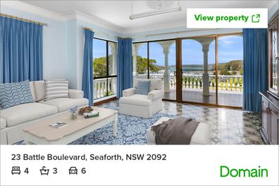 Area con vista sul soggiorno di lusso della proprietà in affitto a Middle Harbour Sydney